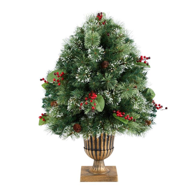 Nearly Natural 3-ft Holiday Pre-Lit Snow Tip Greenery, Berries and Pinecones Plant in Urn with 100 LED Lights, 3 of 9