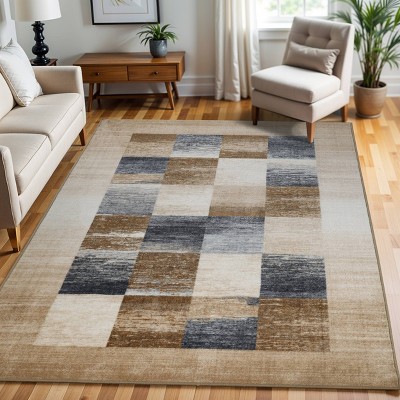 Cream and Brown Color Block Checkered Washable Area Rug, 8'x10'