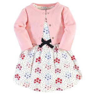 Touched by Nature Baby and Toddler Girl Organic Cotton Dress and Cardigan 2pc Set, Floral Dot, 2 Toddler - 1 of 4