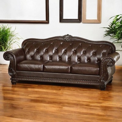 Brown Tufted Faux Leather Sofa with Rolled Arms and Nailhead Trim
