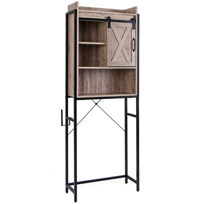 Tangkula Over The Toilet Storage Cabinet 4-Tier Bathroom Organizer w/ Adjustable Shelves Sliding Barn Door & Toilet Paper Holder Rustic Brown/Espresso