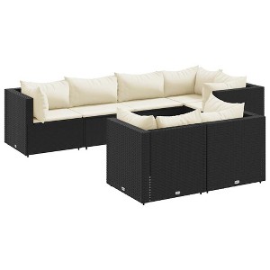 vidaXL Patio Lounge Set with Cushions Sectional Sofa Garden Backyard Poly Rattan - Black and Cream 7 Piece - 1 of 4