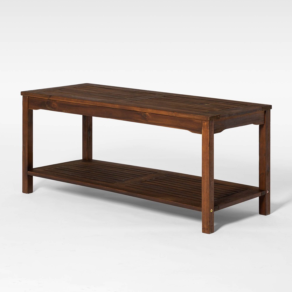 Ravenscroft Modern Boho Acacia Wood Slatted Outdoor Coffee Table with Lower Shelf Dark Brown Saracina Home
