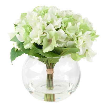 Nature Spring Hydrangea Floral Arrangement in Vase - 5 Artificial Flowers in Clear Glass Bowl with Faux Water - 8" x 8", Green, White, Clear