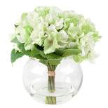 Nature Spring Hydrangea Floral Arrangement in Vase - 5 Artificial Flowers in Clear Glass Bowl with Faux Water - 8" x 8", Green, White, Clear