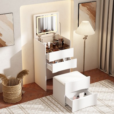 FUFU&GAGA Small Vanity Set LED Mirror Storage Stool Adjustable Lighting Glass Top White