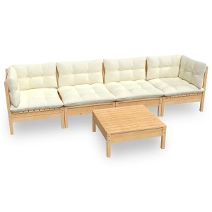 vidaXL Solid Pinewood 5 Piece Patio Lounge Set with Cream Cushions - Modular Outdoor Garden Sofa/Footstool/Table - 1 of 4