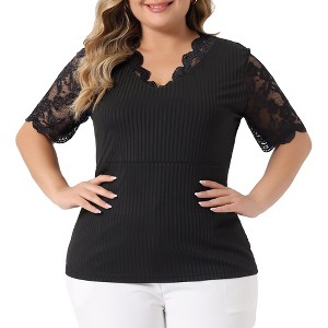 Women's Plus Size Summer V Neck Short Sleeve Elegant Lace Ribbed Knit Tunic Blouse - Agnes Orinda - 1 of 4