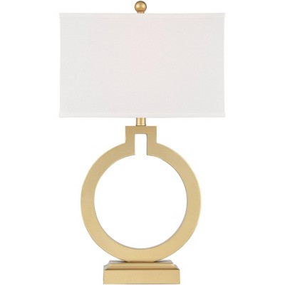 Gold Open Ring Table Lamps with USB Ports and White Shades, Set of 2