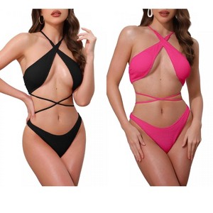 INSPIRE CHIC Women's Criss Cross Backless Ribbed Strappy Top Triangle Bottom Swimwear Bikini Suits 2 Sets - 1 of 4