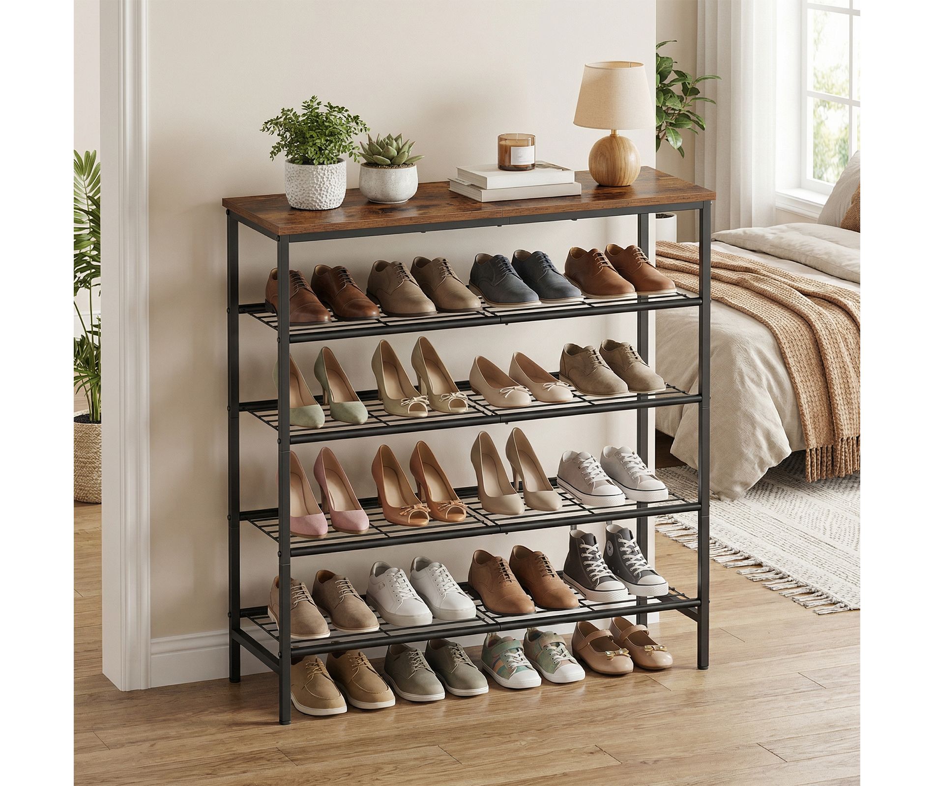 LEDREM 5-Tier Shoe Rack, Free-Standing Shoe Storage Rack, for Closet, Entryway, Living Room, Metal Organizer, Brown and Black