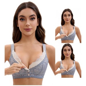 INSPIRE CHIC Front Closure for Women's Lace Full Coverage V Neck Wirefree Adjustable Straps Bras 3 Packs - 1 of 4