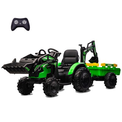 24V Kids Electric Car, 2 Seater Ride On Car for Kids, Excavator & Bulldozer, Electric Vehicle w/Trailer