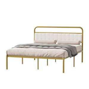 TopComfy Beds Queen Size Metal Wood Platform Bed Frame Adjustable Upholstered Headboard Cushion for Bedroom, Gold, 82.44"*60.7"*41.73" - 1 of 4
