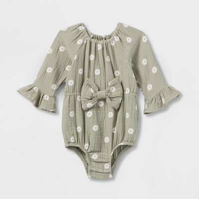 Image of Grayson Collective Baby Girls' Woven Bow Bubble Romper - Sage Green 0-3M