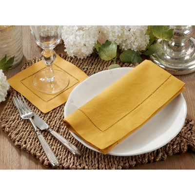 Mustard Cotton Linen Hemstitched Dinner Napkins, Set of 4