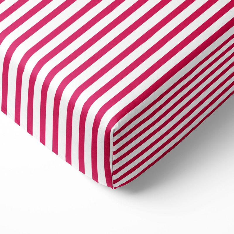 Bacati - Fuschia Pin Stripes 100 percent Cotton Universal Baby US Standard Crib or Toddler Bed Fitted Sheet, 1 of 7