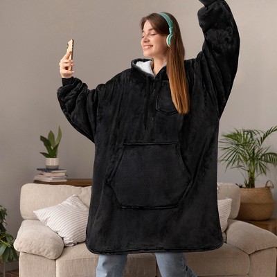 Black Oversized Sherpa Fleece Hooded Wearable Blanket
