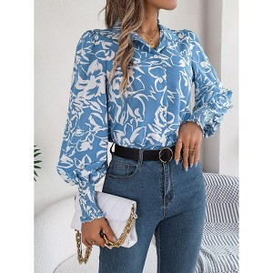 Clearlove Women's Color-Block Floral Print Shirt with Lantern Sleeves and Collar - 1 of 4