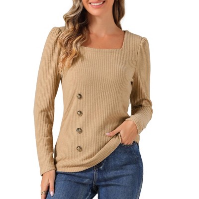 Allegra K Women's Casual Long Sleeve Button Decor Square Neck Sweater Top
