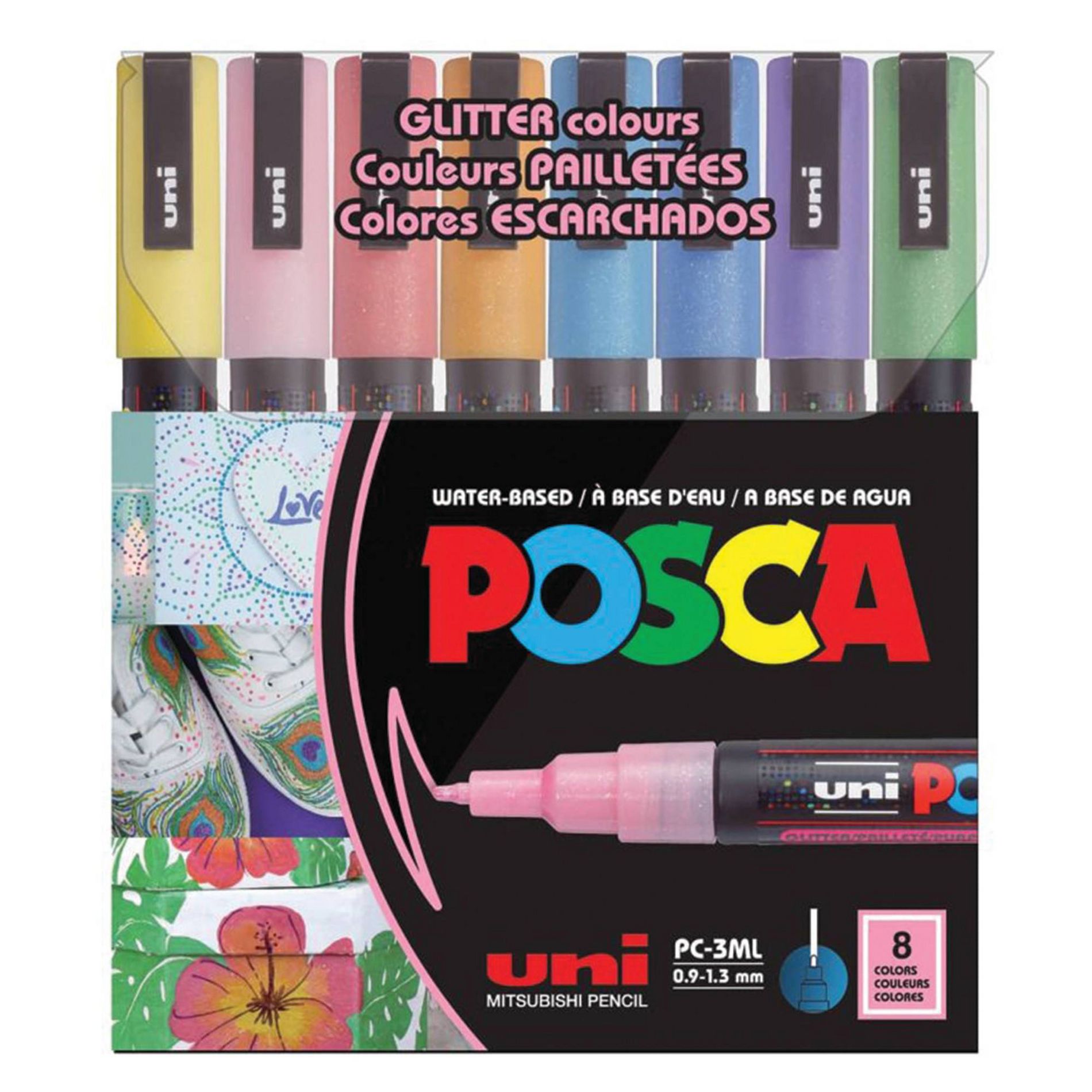 uniball POSCA 8pk PC-3M Water Based Paint Markers Fine Tip 0.9-1.3mm Glitter Colors