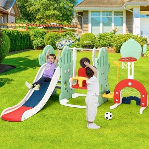 7 in 1 Toddler Slide and Swing Set, Kids Freestanding Slide Climber with Adjustable Swing and Basketball Hoop, Soccer Golf and Ring Toss Game - 1 of 4