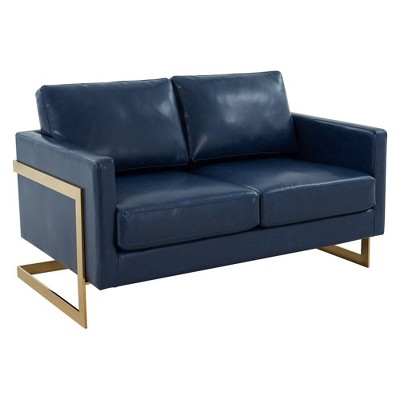 LeisureMod Lincoln Mid-Century Modern Upholstered Faux Leather Loveseat with Gold Frame