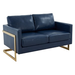 LeisureMod Lincoln Mid-Century Modern Upholstered Faux Leather Loveseat with Gold Frame - 1 of 4