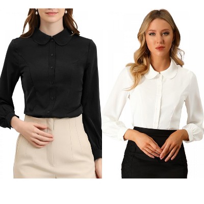 Allegra K Women's Work Peter Pan Collar Long Bishop Sleeve Button Down Shirt 2 Packs