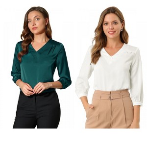 INSPIRE CHIC Women's V Neck 3/4 Sleeve Casual Office Work Satin Blouses 2 Packs - 1 of 4