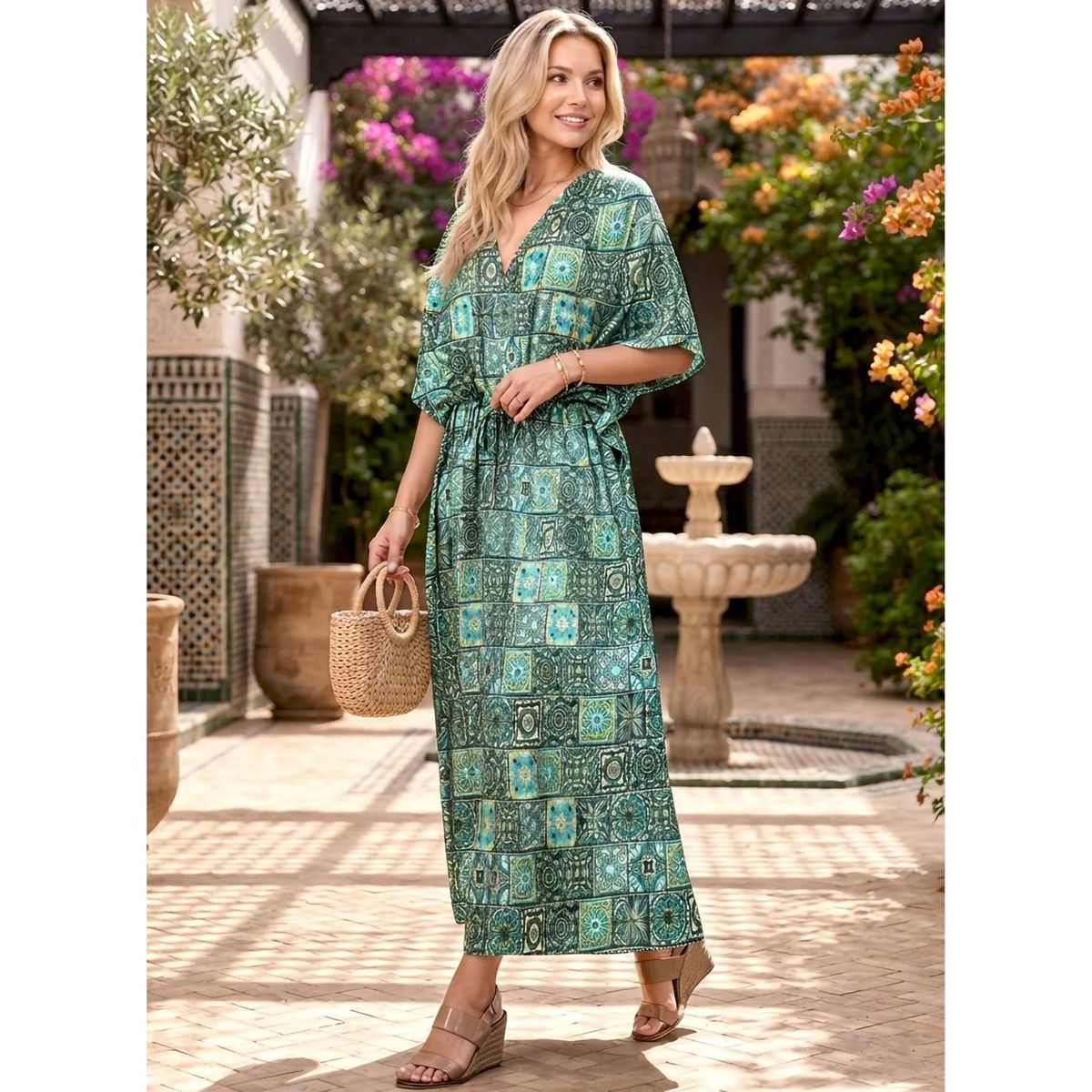 LA LEELA Summer Rayon Blend Vacation Ready Caftan for Women Resortwear Holiday Cruise Pregnancy Wear Maxi Dress 2X-3X Green Floral - thumbnail 5