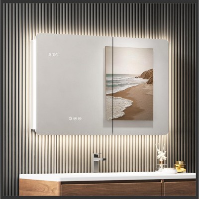 HBEZON Medicine Cabinet with Mirrors and Lights, Wall Mount LED Bathroom Cabinet, Defogger, Dimmable, Clock, Temp, Aluminum, Silver