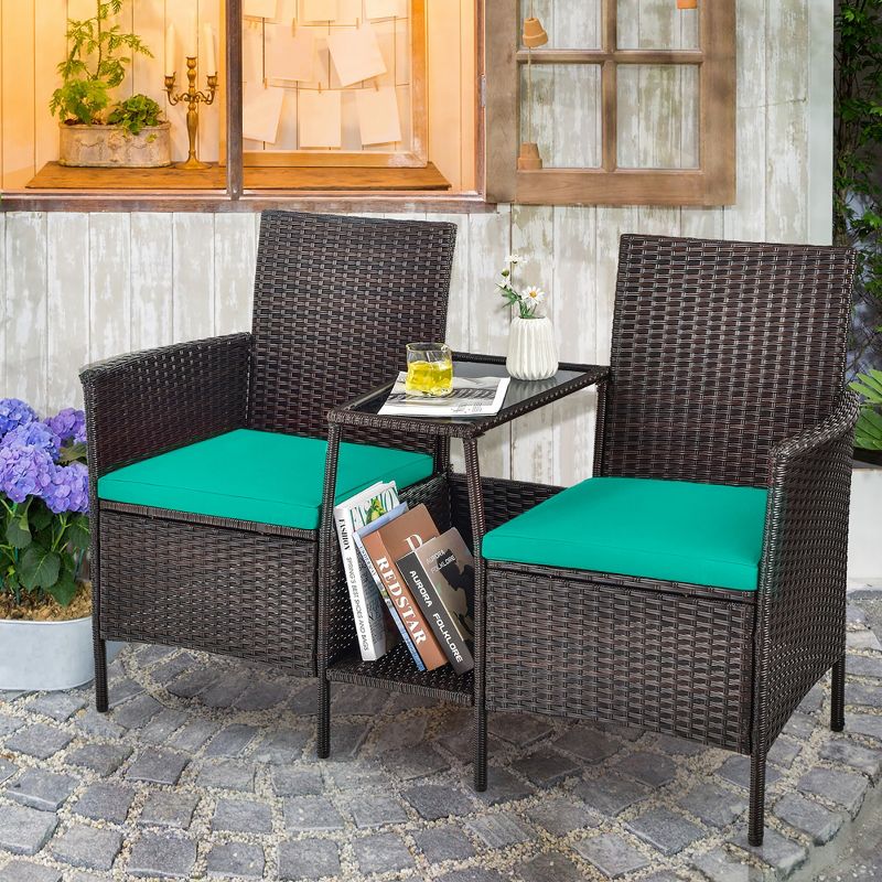 Costway Patio Rattan Wicker Conversation Set Sofa Cushioned Loveseat Glass Table, 1 of 10