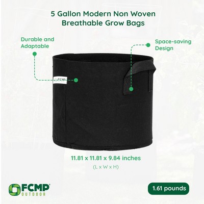 Black 5-Gallon Nonwoven Fabric Grow Bags for Indoor and Outdoor Gardening, 5-Pack