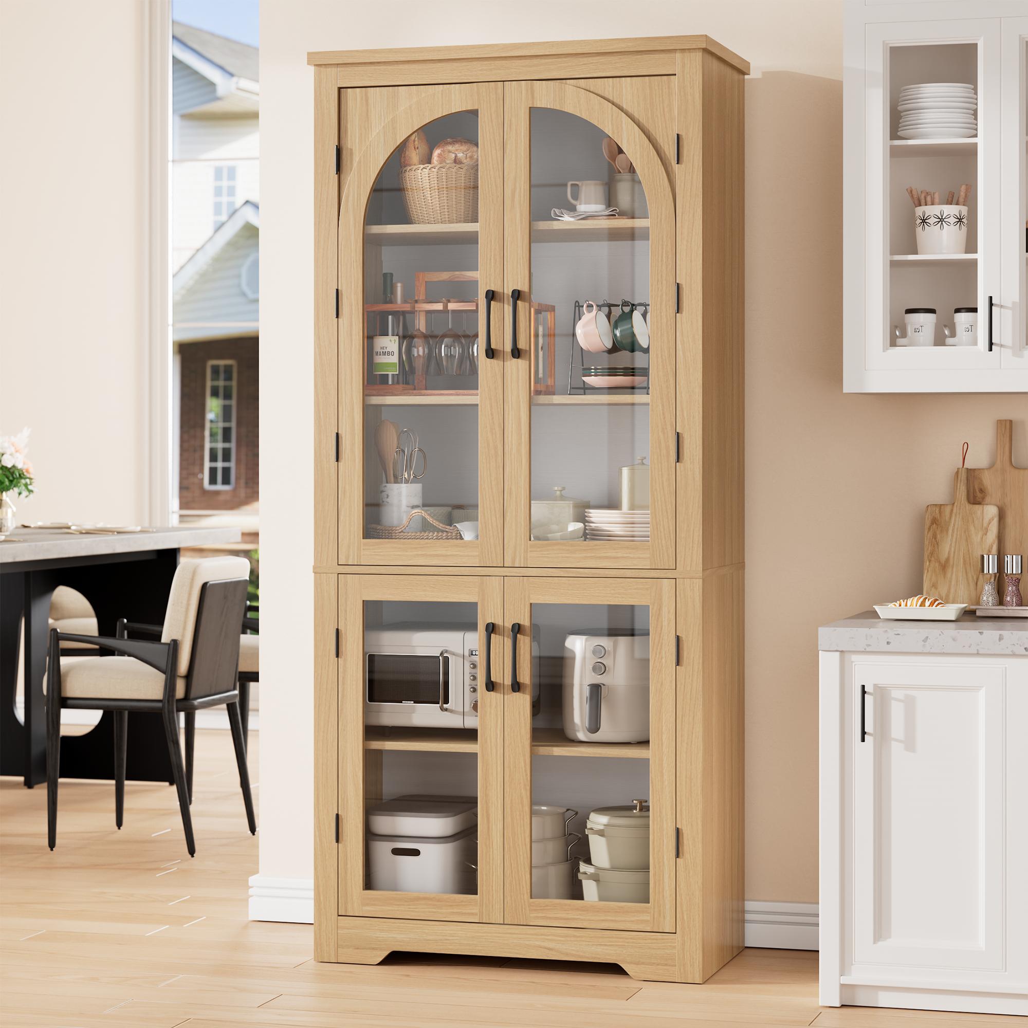 70" Tall Kitchen Pantry Cabinet, Modern Display Cabinet, Natural