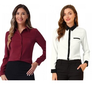 INSPIRE CHIC Women's Contrast Collar Chiffon Long Sleeve Work Office Blouse 2 Packs - 1 of 4