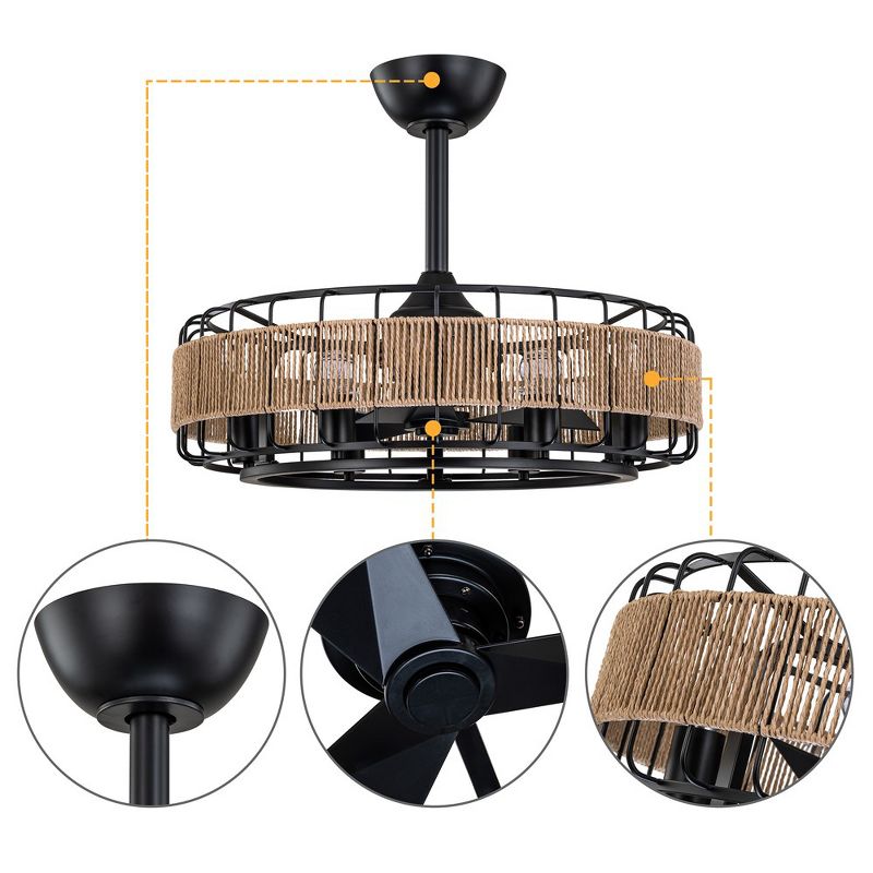 C Cattleya 23 in. 6-Light Black Ceiling Fan with Paper Rope Shade and Remote Control, 4 of 7