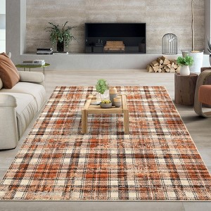 Modern Rug Washable Rug Buffola Plaid Rug for Living Room, Neutral Rug Non Slip, Low Pile Thin Rug, Distressed Soft Rug, Indoor Foldable Printed Rug - 1 of 4