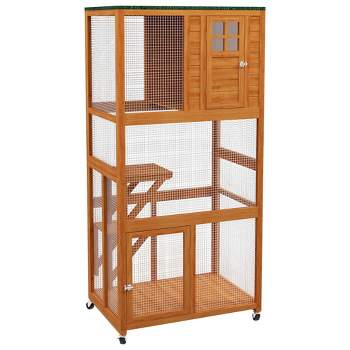 PawHut 74" Wooden Outdoor Cat House Weatherproof & Wheeled, Catio Outdoor Cat Enclosure with High Weight Capacity, Cat Cage Condo
