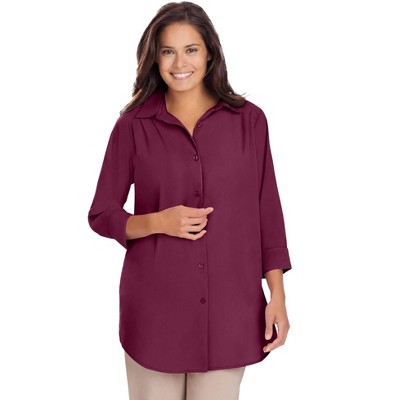 Woman Within Women's Plus Size Three-Quarter Sleeve Peachskin Button Front Shirt