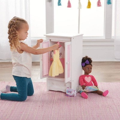 White and Pink Gingham Doll Armoire with MDF and Wood
