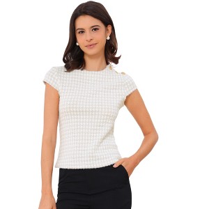 INSPIRE CHIC Women's Houndstooth Elegant Crew Neck Cap Sleeve Work Office Blouse - 1 of 4