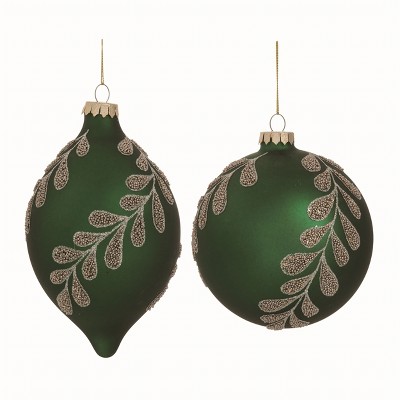 Transpac Glass Green Christmas Deep Ornaments Set of 2