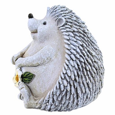 Gray Resin Hedgehog Garden Statue with White Flowers