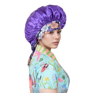 Anna-Kaci Women Silk Bonnet for Sleeping Satin Lined Hair Bonnet with Floral Tie Band for Curly Hair Protection - 1 of 4