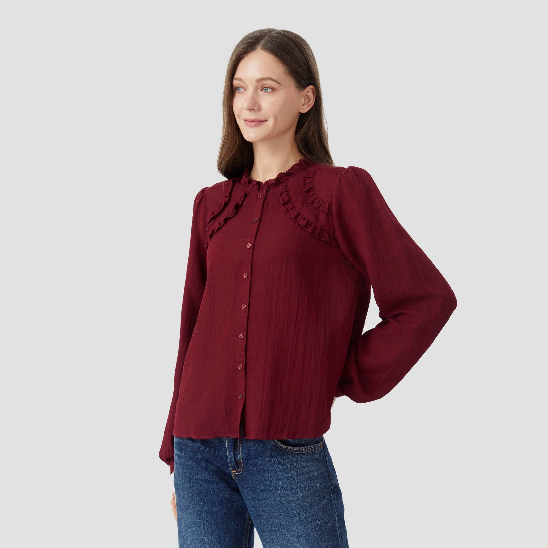 Women's Long Sleeve High Neck Button-Front Top - Universal Thread™ Burgundy XL