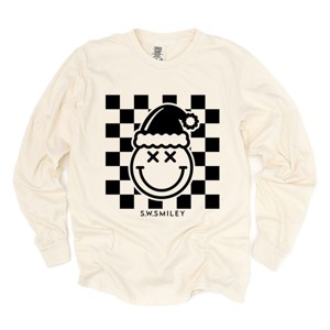 S.W.Smiley Checkered Christmas Wink - Women's Garment Dyed Long Sleeve Graphic T-Shirt - 1 of 4