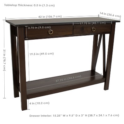 Sunnydaze Dark Brown Pine Wood Console Table with Drawers and Shelf