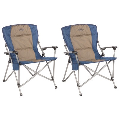 Kamp-Rite Double Layered Soft Padded Folding Supportive Hard Arm Outdoor Camping Lounge Chair with Cupholder, Blue and Tan