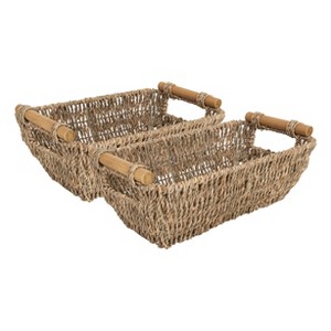 WeThinkStorage Set of 2 Woven Seagrass Decorative Basket with Wooden Handles - 1 of 4